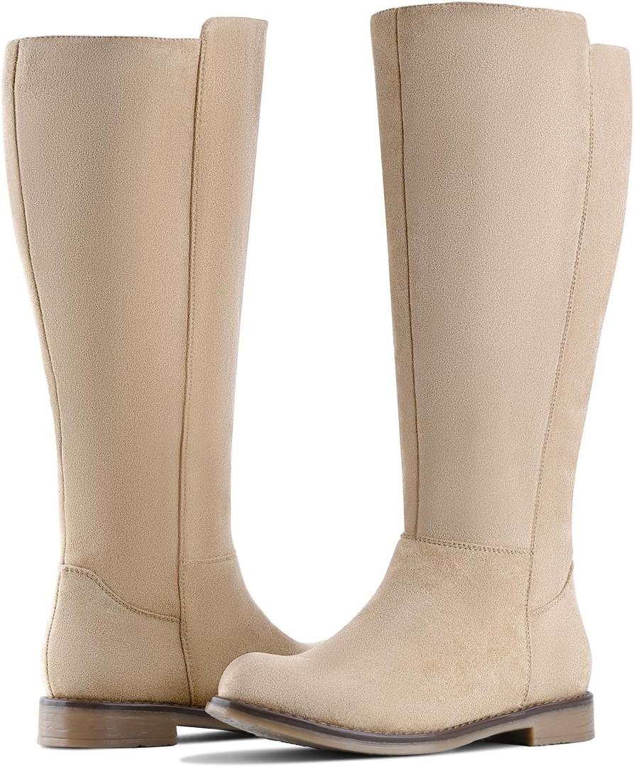 Shoe'N Tale Wide Calf Knee High Boots for Women Flat Low Heel Width Stretchy Round Toe with Side Zipper Fall and Winter Fashion Comfortable (Beige)