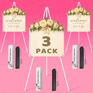 3 Pack White Easel Stand for Sign & Poster - 63" Adjustable Metal Easels for Wedding Welcome Sign, Painting, Canvas, Art Display - Portable Folding Tripod with Carry Bag, Holds 5 Lbs