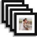 Hongkee 8x8 Picture Frames Set of 4, Made of Real Glass and Black Wooden Frame - Display Picture 6x6 with Mat or 8 x 8 Without Mat, 8 by 8 Photo for Wall or Tabletop