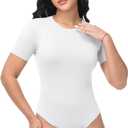Dalavch 4 Pack Short Sleeve Bodysuit for Women Crew Neck Stretchy Casual Basic Fitted Body Suits T Shirt Tops Size L