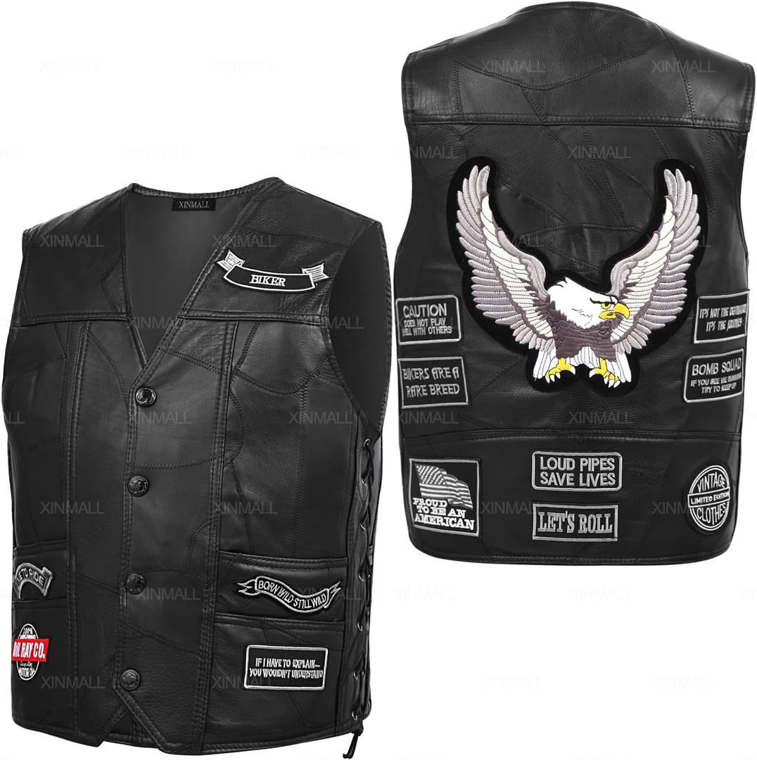 Motorcycle Genuine Leather Biker Vest for Men Club Style Classic Black With Patches (XX-Large, Black)