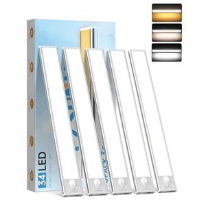 PZSUNLY 5 Pack Under Cabinet Lighting,Rechargeable Motion Sensor Light Indoor,3 Colors Dimmable,Magnetic Closet Lights,Under Counter Lights for Kitchen