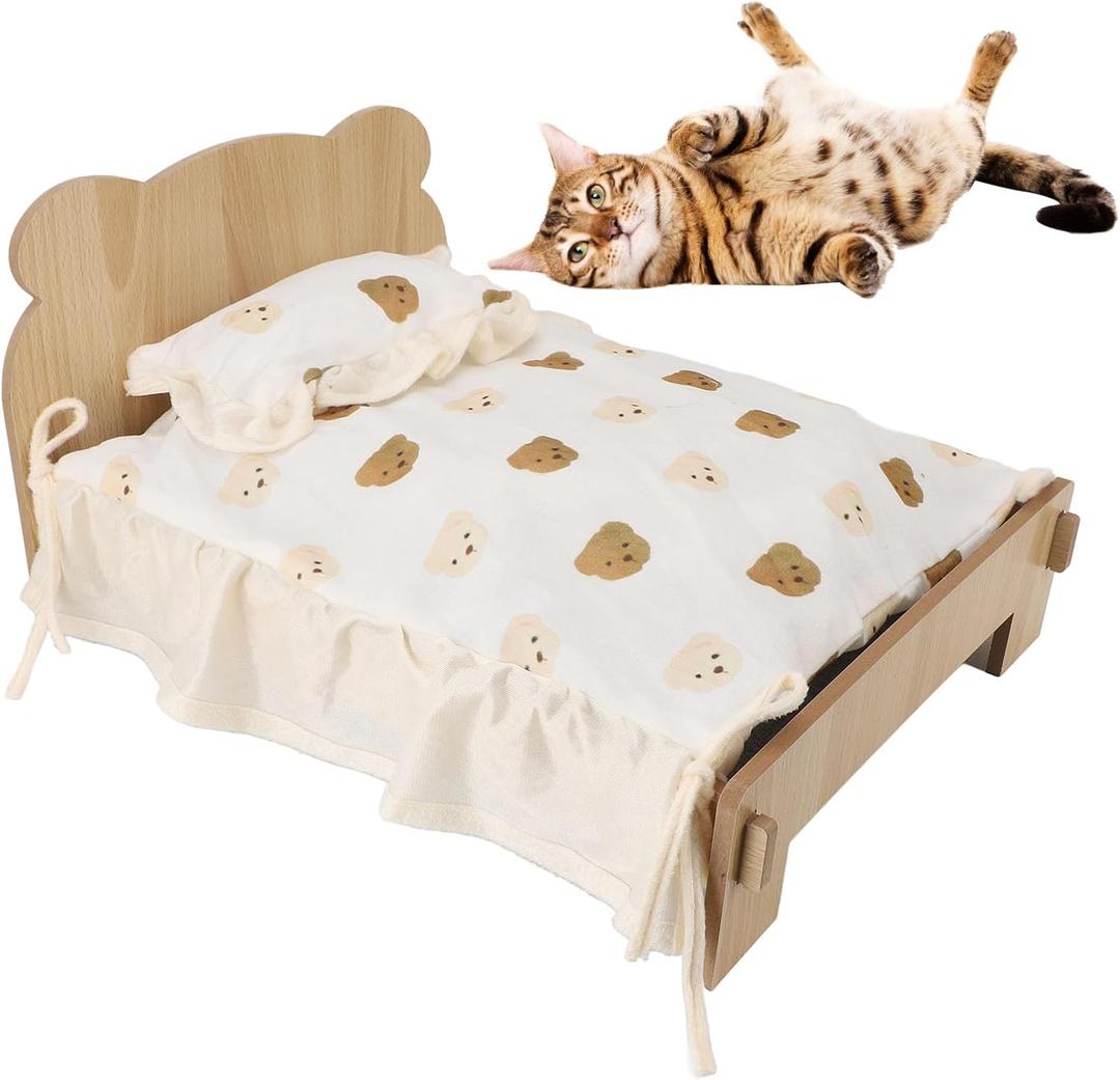 Wooden Pet Bed, Wood Frame Sleeping Habitat with Mattress, Universal Sofa Pet Bed for Cat Dog Rabbit Small Animals