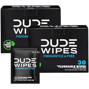 DUDE Wipes On-The-Go Unscented Travel Wipes - 1 Pack, 60 Count (Individually Wrapped) - Extra-Large Adult Flushable Wipes for Sensitive Skin - Infused with Vitamin E & Aloe - Septic and Sewer Safe