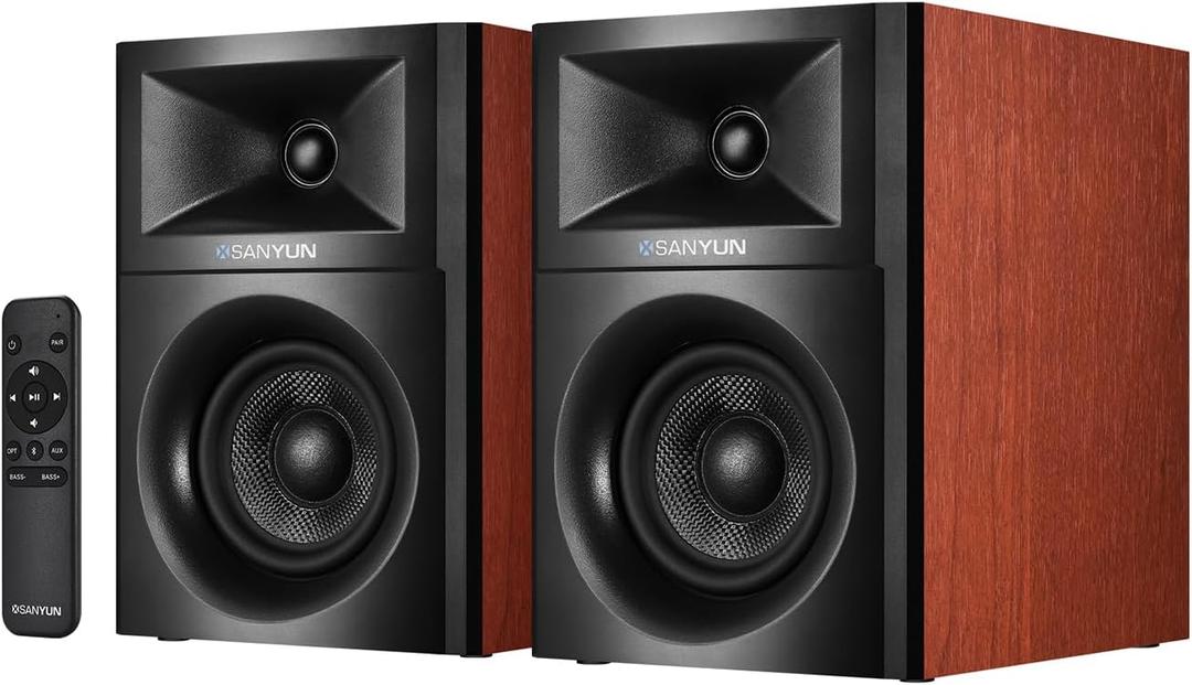 Sanyun SW205 4" 80W HiFi Bookshelf Speakers, 2.0 Active Near Field Studio Monitor, Upgraded 3D Sound Field, Flagship DAC & DSP, Geometric Diffusion Cabinet, Bluetooth 5.4/Optical/AUX, Woodgrain
