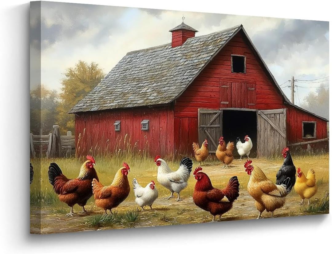 BJYCHG Chicken Picture for Kitchen Country Rooster Canvas Wall Art Rustic Farm Animal Painting Prints for Farmhouse Dining Room Decor Framed (16L x 24W)