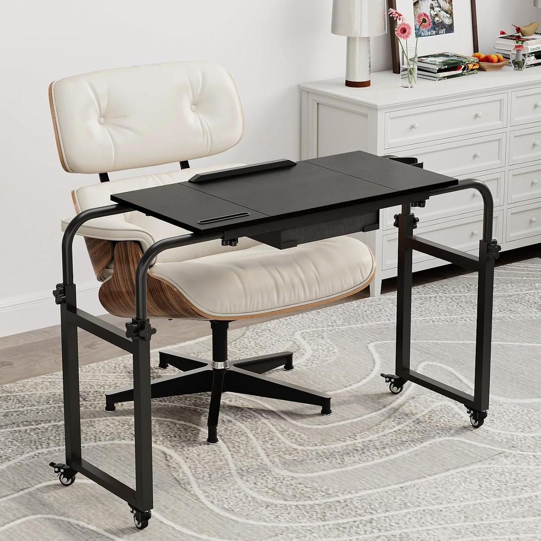 GiftGo Overbed Table with Wheels Rolling Laptop Desk Cart Over Recliner Wheelchair Table Adjustable for Hospital and Home Use Over The Bed Table with Storage Drawer and Cup Holder (Black)