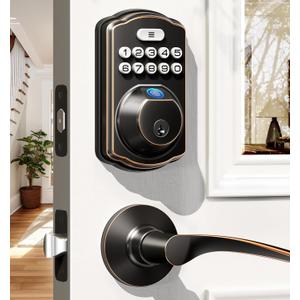 Veise Fingerprint Door Lock with 2 Lever Handles - Keyless Entry Door Lock, Electronic Keypad Deadbolt, Digital Smart Code & Front Handle Sets, Auto-Locking, Easy Installation, Oil Rubbed Bronze