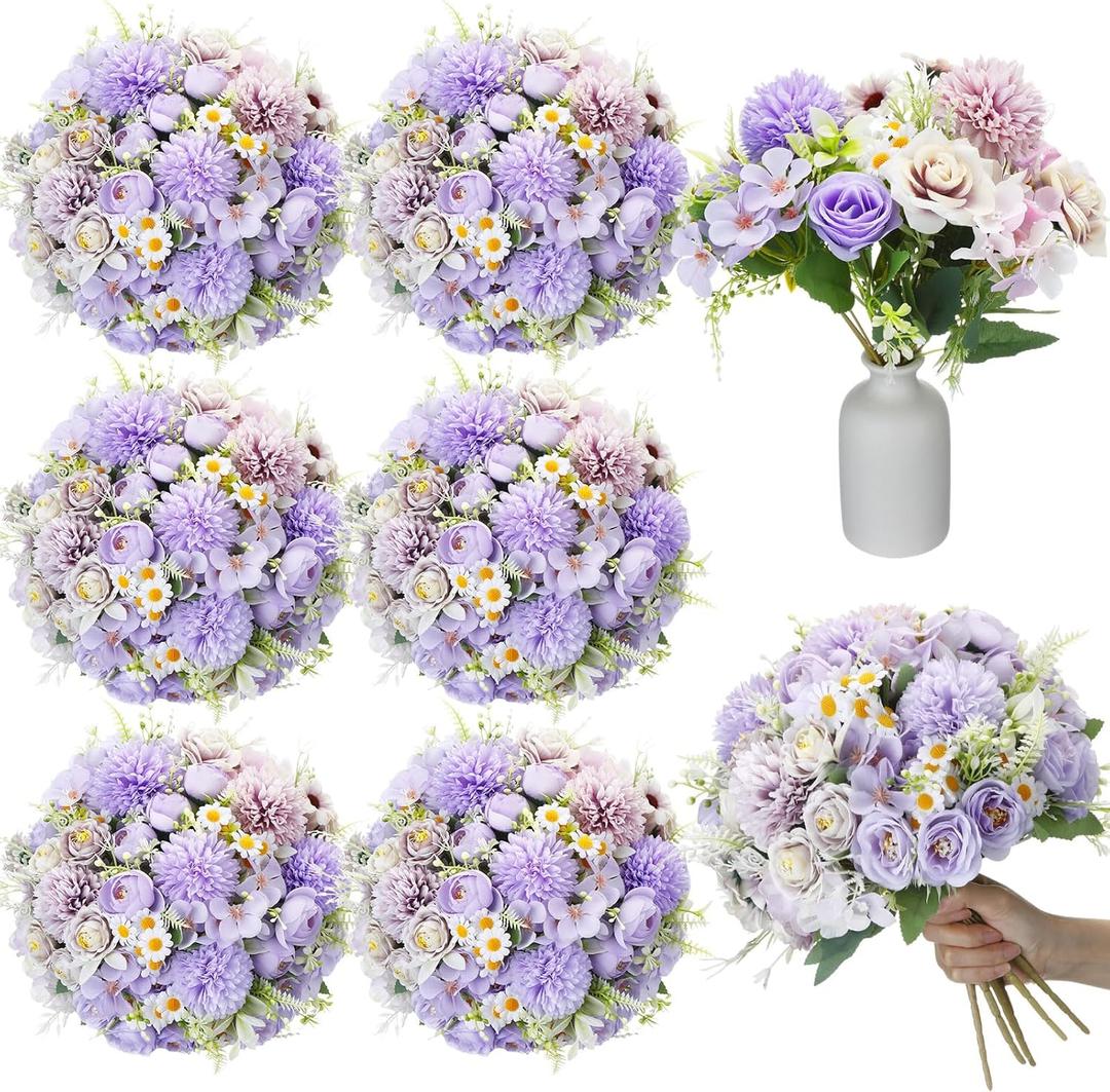 Tigeen 6 Bundles Artificial Bouquet Flowers Artificial Peonies Faux Roses Silk Flowers Hydrangea Bouquet for Wedding Table Centerpiece Floral Vase Decor(Purple)