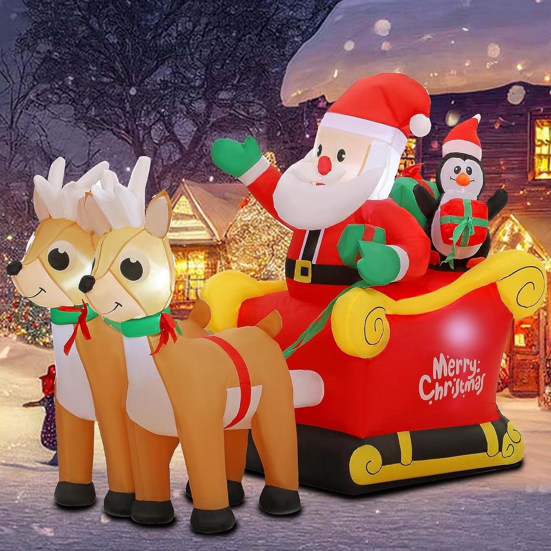 SUNGIFT Christmas Inflatable Santa Sleigh and Reindeer, 6 FT Blow Up Santa Claus on Sleigh with Two Reindeer, Christmas Decorations Outdoor with Build-in LED for Xmas Party Yard Garden Lawn Dcor