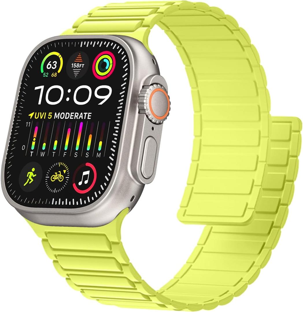 Magnetic Silicone Watch Band Compatible with Apple Watch bands Women Men, Soft Sport Strap for iWatch Series Fluorescent Green, 44mm/45mm/46mm/49mm(Ultra3/2/1)