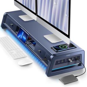 Vaydeer All-in-One Dual Monitor Stand Riser with 2 Drawers, 8USB Ports and Wireless Charging Pad with LED Light Strip for 2 Monitors , Desk Organizer for PC, iMac (Metal, 39.3 inches) (Dark Blue)