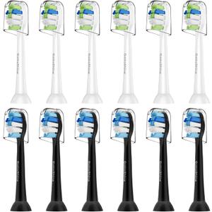 Replacement Toothbrush Heads for Philips Sonicare  Plaque Control, Compatible with Click-on Electric Toothbrush Handles, 12 Pack (White/Black)
