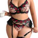 OYOANGLE Women's Plus Size 2 Pieces Lingerie Set Floral Embroidery Underwire Bra and Panty Babydoll Teddy Boudoir Outfit (X-Large Plus, Black)