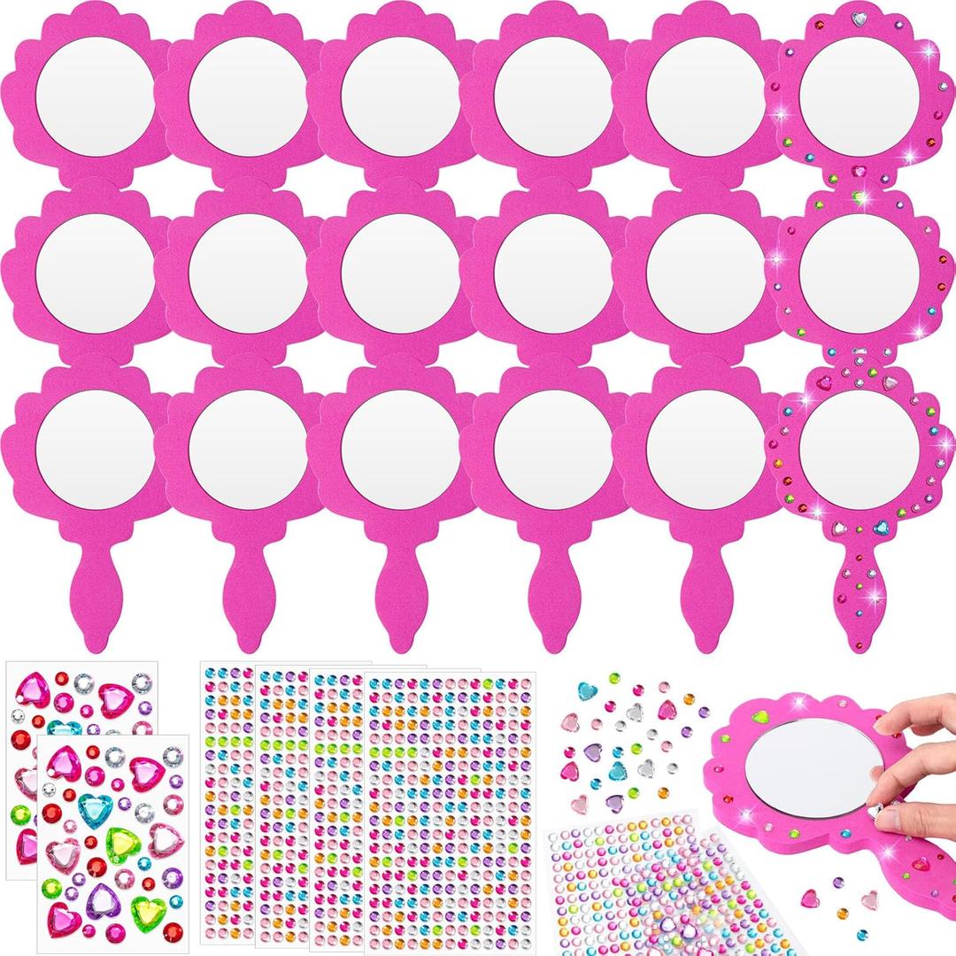 Geetery 20 Pcs Unbreakable Kids Mirror DIY Decorate Your Own Princess Mirror Mermaid Foam Small Crafts Princess Party Decorations(Pink)
