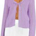 2 x Saodimallsu Womens Summer Crochet Lightweight Cardigans Tie Front Mesh Knit Long Sleeve Casual V Neck Beach Cover Ups (Purple)