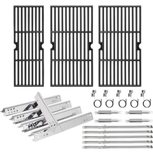 Hiorucet Grill Parts for Charbroil Performance 5 Burner 463347518 463347519 463373319 463373019, Cast Iron Cooking Grates Heat Plates Burners Crossover Tube Grill Igniters for Char-Broil Grill Parts (2 Large Grate+1 Small Grate)