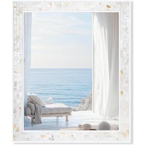Tanmicoshomy 30 x 40 Inch Rectangle Wall Mirror, Natural Shell Framed Rectangular Mirror for Bathroom, Vanity, Bedroom, Living Room, Entryway, Wall Mounted Horizontal or Vertical, White