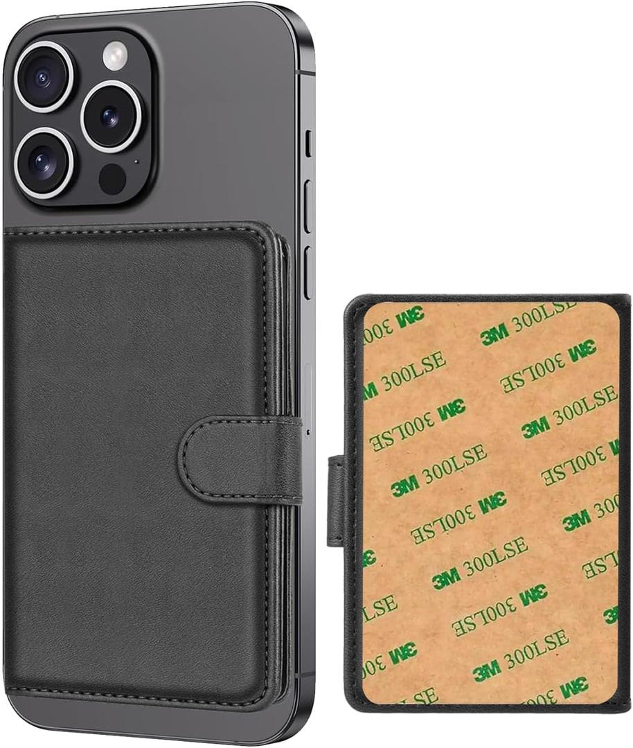 Leather Wallet Card Holder, Phone Card Holder with RFID Blocking ID Window for iPhone Android Phones & Cases (Black)