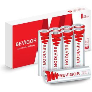 BEVIGOR Lithium AA Batteries 8 Pack, Long Lasting 1.5V 3000mAh AA Battery, 20-Year Shelf Life Lithium Batteries for Blink Camera, Flashlight, Microphone, Alarm SystemNon-Rechargeable