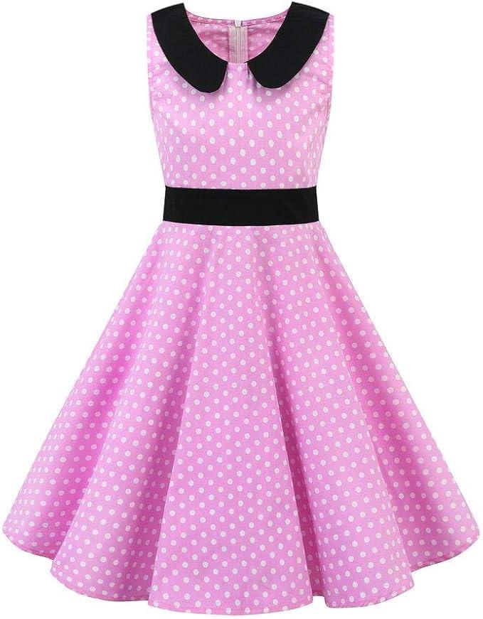 Kids Girls 50s Audrey Vintage Polka Dot Swing Party Rockabilly Dress Retro Peter Pan Doll Collar Wedding Casual Skater Dress (Pink, 7-8Years)