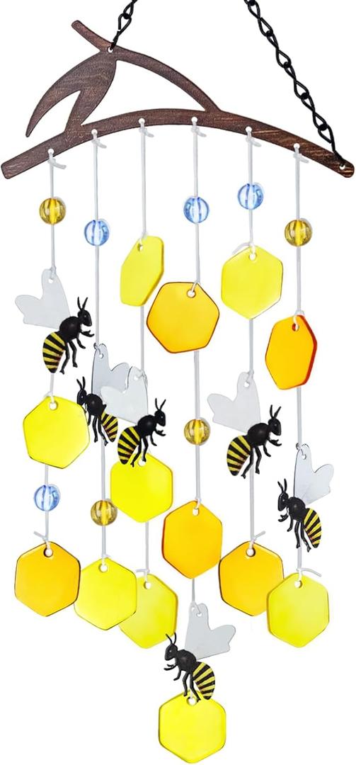 X-PREK 23" Bees Wind Chimes for Outside, Unique Stained Glass Wind Chimes Garden Decor, Windchimes Outdoors Suncatcher Gift for Women, Mom, Grandma, Unisex