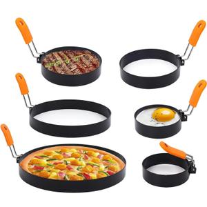 6 Pcs Professional Egg Ring Set, Non-stick Griddle Omelette Ring, Pancake Molds with Oil Brush,Stainless Fried Egg Molds with Orange Anti-scald Silicone Handle