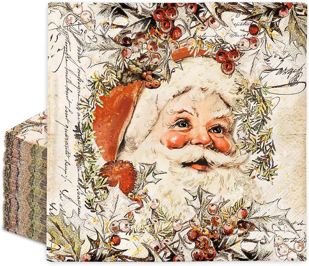 JarThenaAMCS 80Pcs Christmas Paper Napkin Vintage Santa Claus Disposable Luncheon Napkin Retro Dessert Dinner Hand Napkins for Winter Birthday Baby Shower