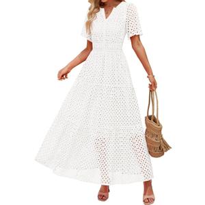 ZESICA Women's 2026 Summer Short Sleeve Maxi Dress Casual V Neck Hollow Out Eyelet Ruffle Swing A Line Long Dresses (White)
