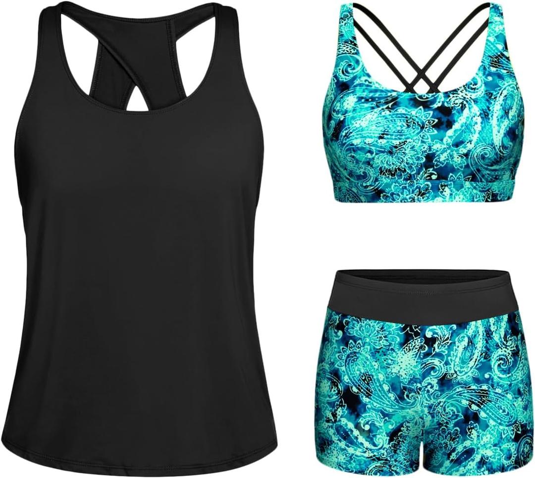 Tempt Me 3 Piece Tankini Swimsuits for Women Athletic Bathing Suits Swim Tank Top with Boy Shorts and Bra Modest Swimwear (Large, Green Paisley)