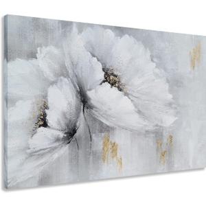 MYBEAUTYWALLA Grey and White Poppy Flower Canvas Wall Art - Hand Painted Floral Painting with Gold Foil - Abstract Magnolia Picture for Living Room Bedroom Bathroom Decor (36L" x 24W", FL1219)