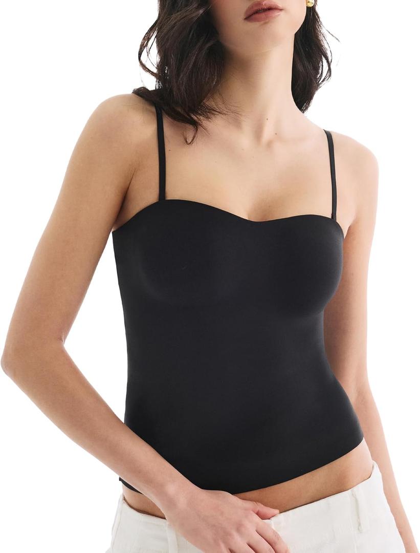 Built in Bra Tank Tops for Women, Double Lined Padded Cami Scoop Neck Spaghetti Straps Basic Summer Top 2026 (X-Small, Black)