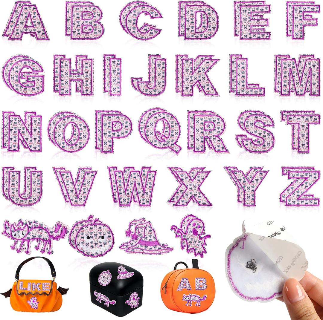 NICEVINYL Halloween Self-Adhesive Letter Patches: 60PCS Purple Fabric Stickers for Clothing - Ghosts Cats Pumpkin Witch Hats Embroidered Letters Patches Stick on Costumes Hats Bags Dress