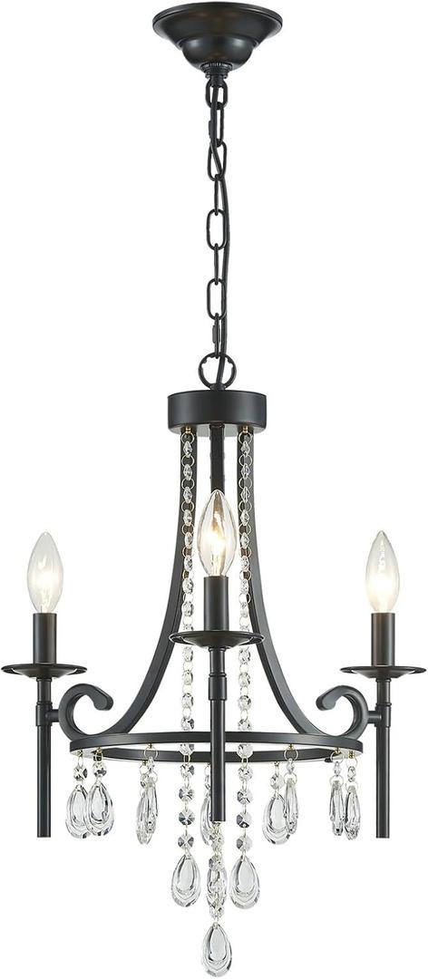 Small Crystal Chandelier, 3-Lights Modern Black Chandeliers for Dinning Room, Wagon Wheel Black Chandelier, Farmhouse Hanging Pendant Light Fixture for Bedroom Hallway Entryway Bar Kitchen Bathroom