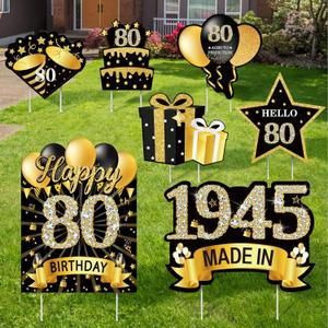 7Pcs Black Gold 80th Birthday Yard Sign Decorations for Men and Women,Happy 80th Birthday Made in 1945 Lawn Sign Party Supplies,Eighty Year Old Birthday Yard Decor with Stakes