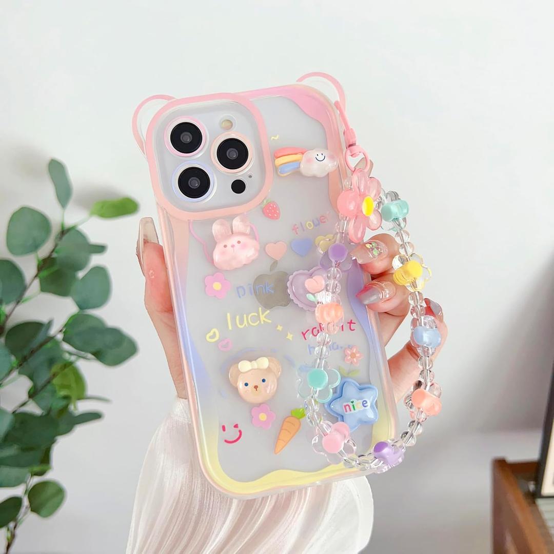 Roemary 3D Cartoon Case for iPhone 16 Pro with Wrist,Rainbow Bunny Case for Girls Women,Girly Design TPU Soft Bumper Protective Cover(3D Wrist)