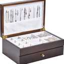 Wooden Jewelry Box with Drawer, Medium Size Real Natural Solid Wood, 2-Layer Vintage Organizer with Earring Storage, Ring Compartments, Necklace Hooks, ek15-m-dark