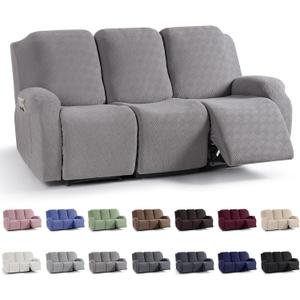 KinCam Recliner Covers, Stretch Reclining Chair Covers, Recliner Sofa Slipcovers Stripe Jacquard Recliner Couch Covers Furniture Protector Covers for Pet Kid (3 Seater, Light Gray)