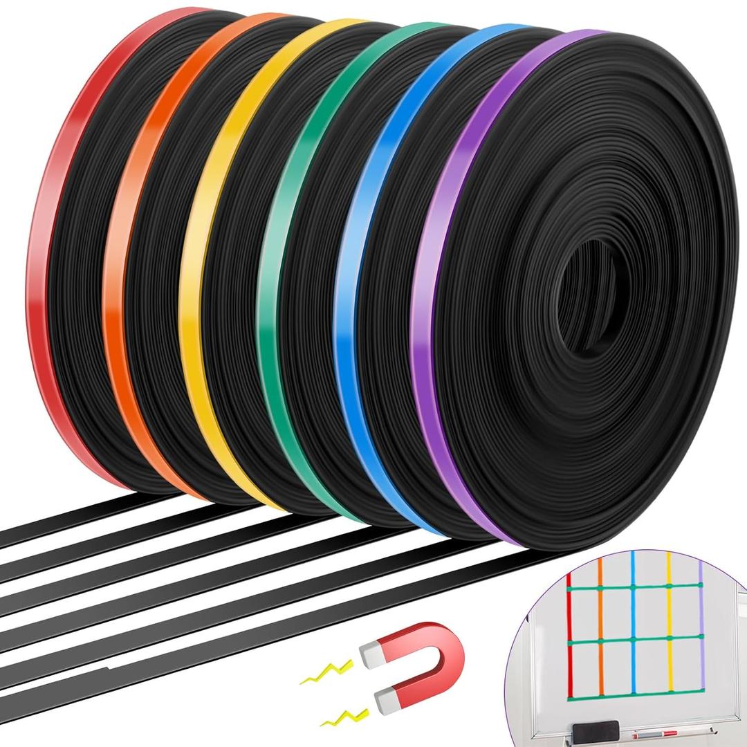 6 Rolls Magnetic Tape Roll Thin Strips, 33 ft Magnetic Whiteboard Graphic Decorative Tape Marking Line Magnet Board Dividers for Classroom Office Art Accessories(Mix Color,0.24 Inch)