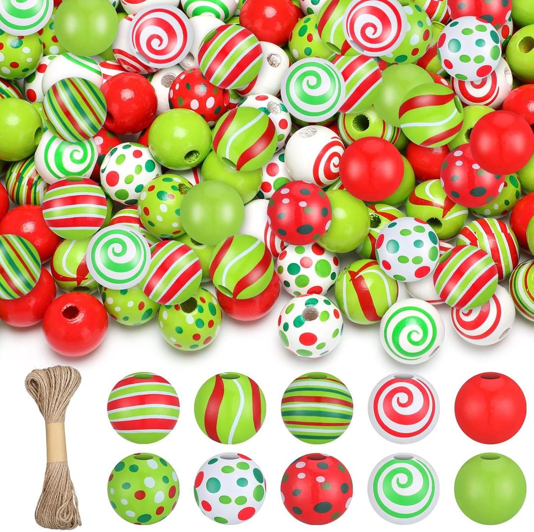 Vercraft 240 pcs Christmas Wooden Beads with Jute Twine Red and Lime Green 10 Style Spacer Polka Dot Peppermint Swirl Wood Bead for Jewelry Making DIY Garland Beaded Pen Holiday Xmas Tree Decor, 16mm