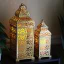 VELA LANTERNS Golden Temple Moroccan Lantern Lamp Decorative Candle Holders for Ramadan Decorations, Hanging, Outdoor Patio or Porch, Indoor Home Decor, Gold, Set of 2 (11" and 15" Tall)