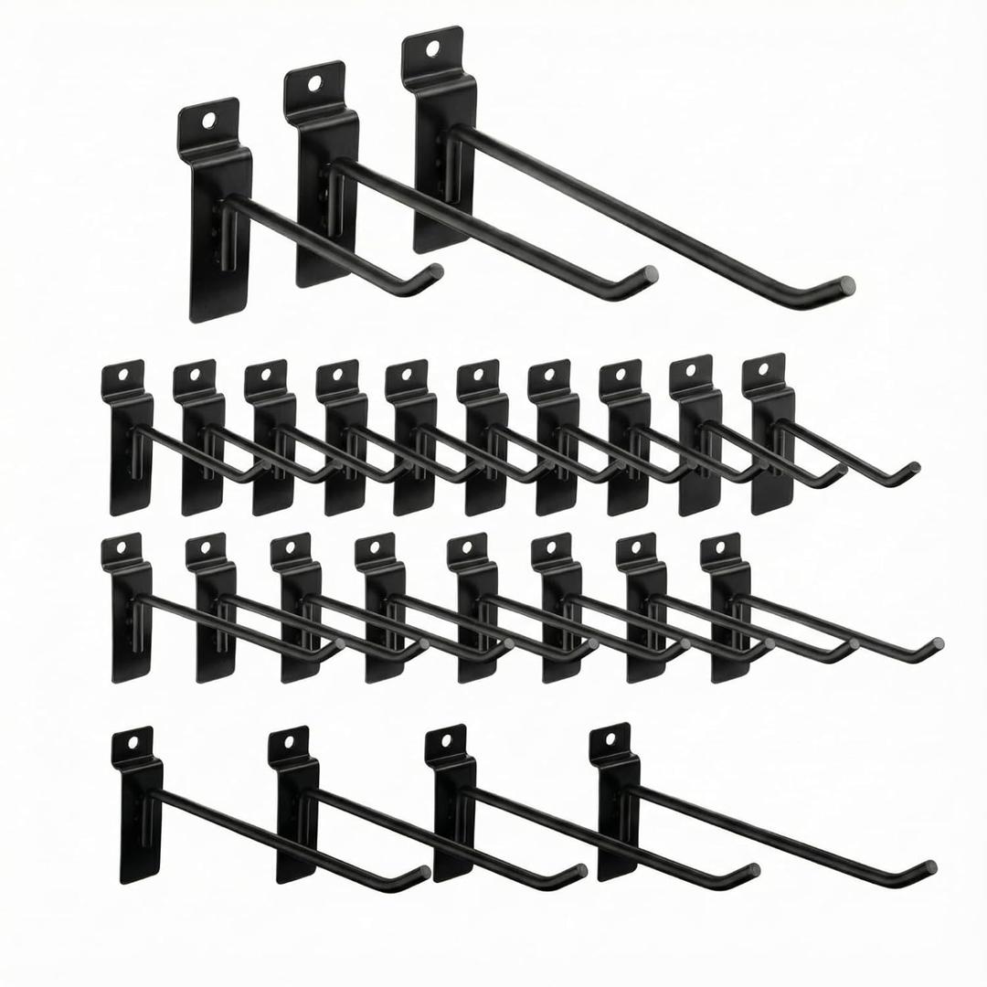 Ferraycle 24 Pack Slatwall Hooks Heavy Duty Garage Wall Hooks Set, 4/6/8 Inch Metal Tool Hangers for Slat Wall Panels, Garage, Shed & Workshop Storage Organization(Black)