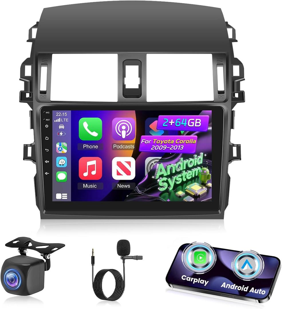 [2+64G] Radio de coche NHOPEEW para Toyota Corolla 2009-2013 - Carplay inalmbrico y Android Auto - Pantalla tctil de 9 pulgadas Android estreo para automvil con mltiples temas de interfaz de