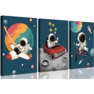 3 Pcs Space Nursery Canvas Wall Art Whimsical Outer Space Astronauts Kid Painting Pictures Wall Decor Poster Print Artwork for Boys Room Girls Room Kids Room Decoration