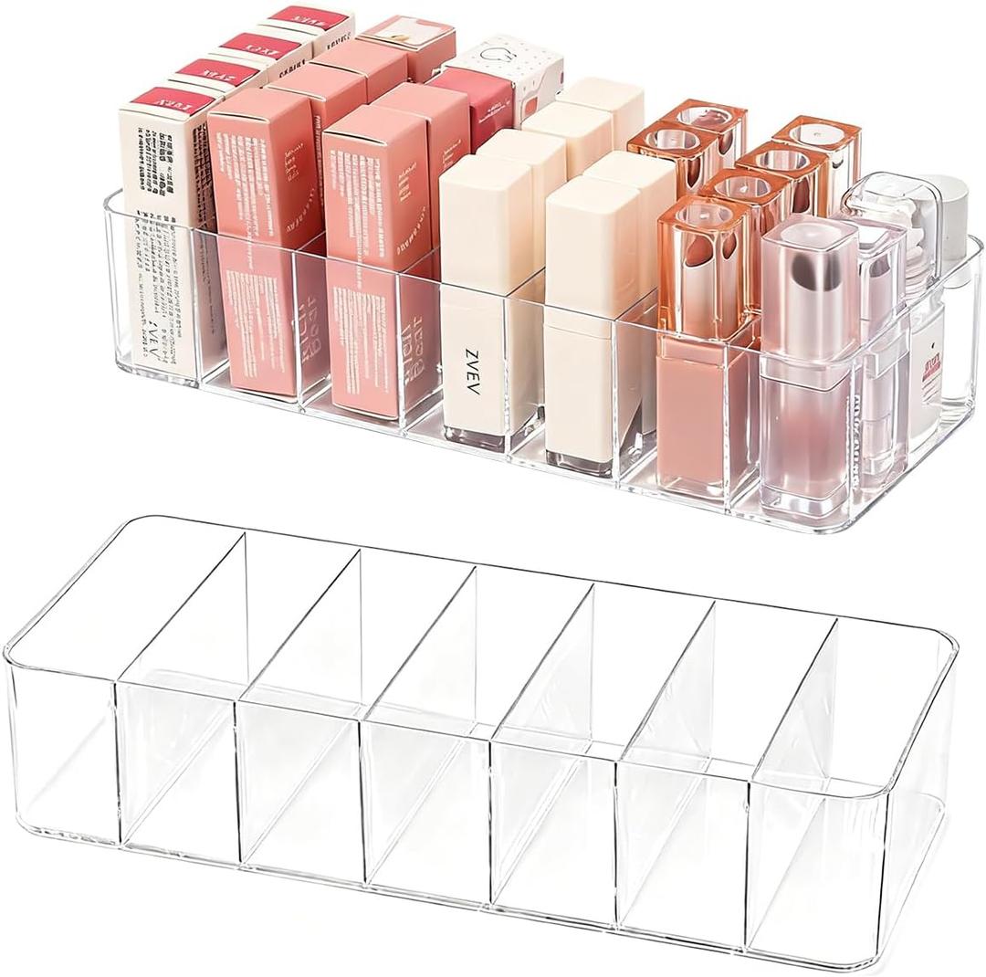 2 Pack Clear Acrylic Makeup Organizers, 7-Section Bathroom Organizer for Drawer, Cosmetic Display Cases, Blushes Highlighters Eyeshadow Powder Makeup Organizer Holder Storage