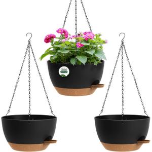 3 Pack 10 Hanging Flower Pots with Chains Self Watering Plastic Planters for Indoor Outdoor Plants, Sturdy Triangular Iron Chain Design for Garden PorchPlastic hanging flower pots (3, Black Brown)