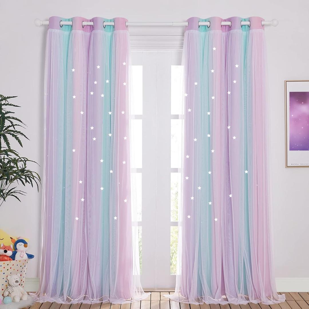 NICETOWN Baby Room Decor, White Gauze & Blackout Drapes Assembled, Star Cut Romantic and Colorful Curtain with Versatile Styling Options for Birthday Party (Blue & Purple & Pink,   W52 x L84)1 Panel