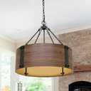Chandelier Lighting Fixture, 4-Light, Black Walnut Wood Metal Drum Shade, Rustic Industrial Iron Pendant for Kitchen Island Living Dining Room Over Table, 23" W x 21.5" H