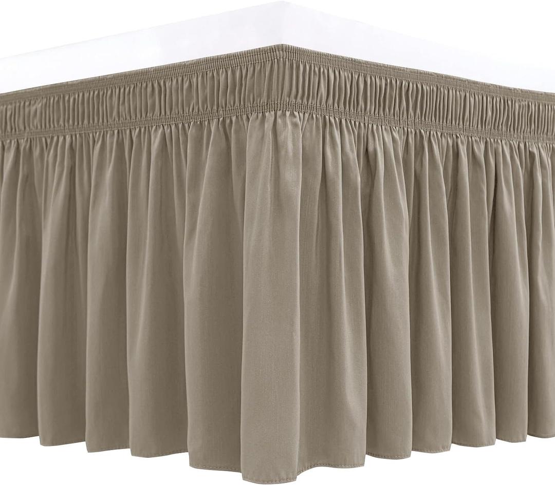 Biscaynebay Wrap Around Bed Skirts for Queen Beds Short Drop of 12", Taupe Adjustable Elastic Dust Ruffles Easy Fit Wrinkle Resistant Silky Luxurious Fabric Machine Washable