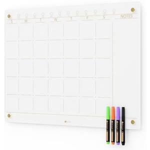 Glass Golden Monthly Dry Erase Calendar Whiteboard for Wall, 17" x 23", Frameless Large Monthly Planner Menu White Board for Home Kitchen, Office, 4 Wet Erase Markers Included, Yeoux